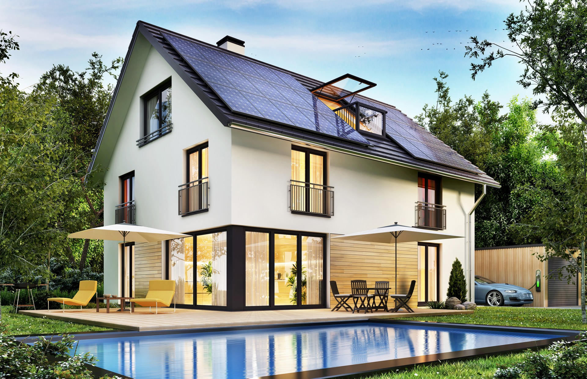 Modern house with solar panels on the roof and electric vehicle